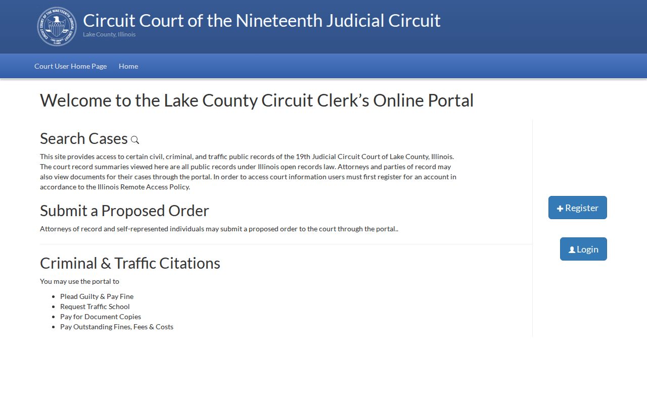 Lake County public court portal for a Buffalo Grove resident lookup