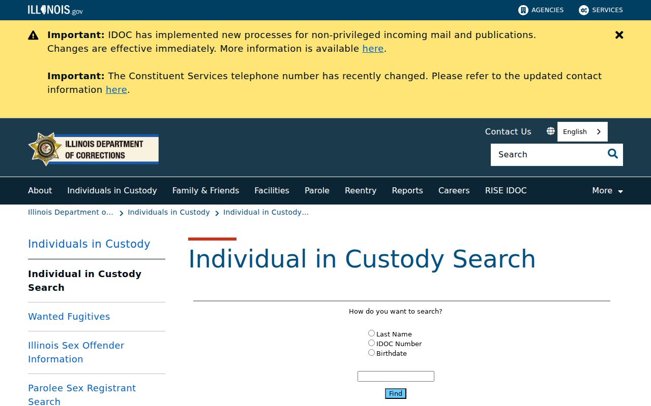 Illinois Department of Corrections inmate search for state custody records