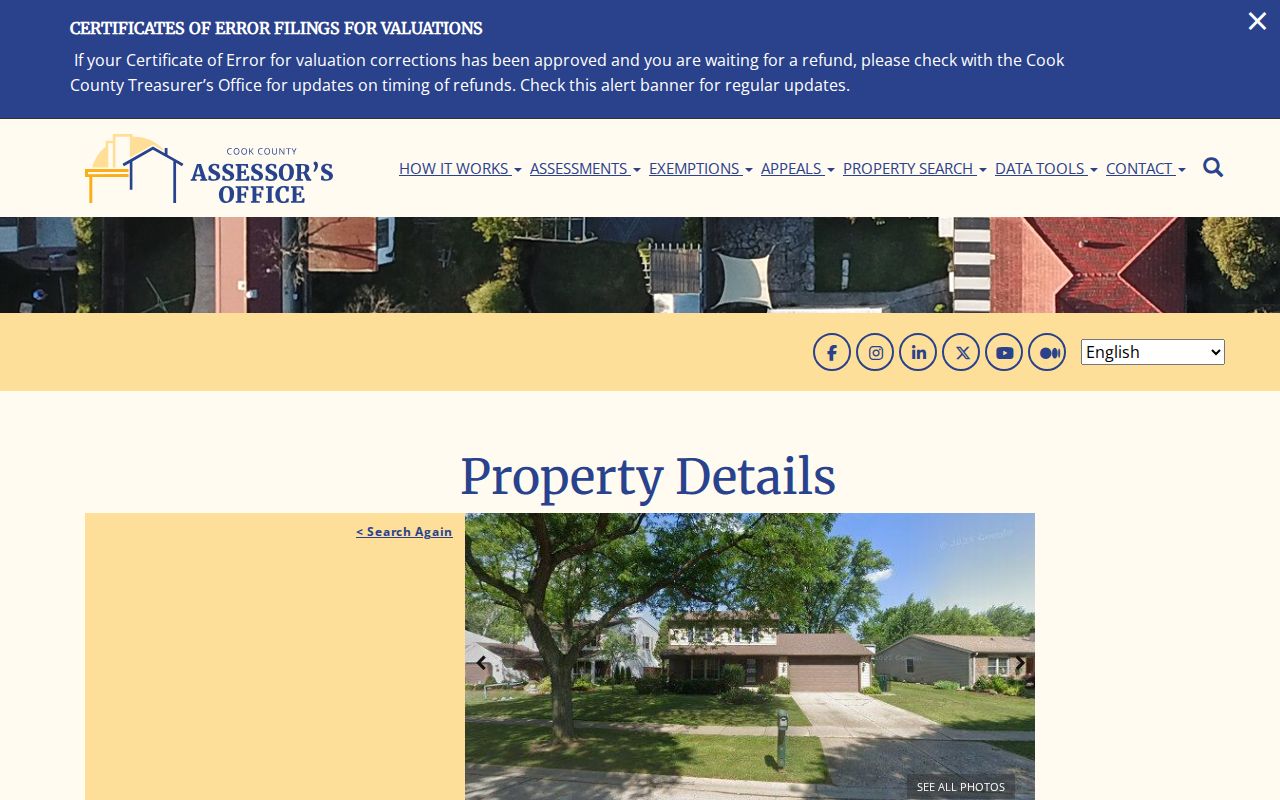 Cook County Assessor sample Buffalo Grove parcel card and location fields